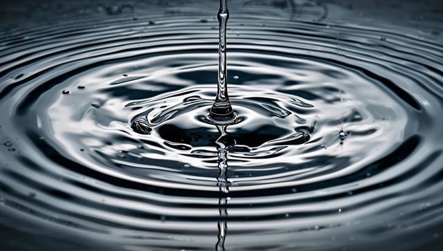 Droplet Column Creating Concentric Ripples and Crown Splash on Reflective Water Surface