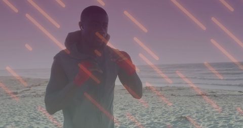 Digital athlete training on beach with futuristic overlay