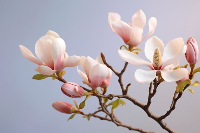 Beautiful magnolia blossoms in pastel pink and white against a soft blue sky. This serene and elegant floral image can be perfect for spring-themed projects, nature-inspired designs, greeting cards, and decorative purposes.