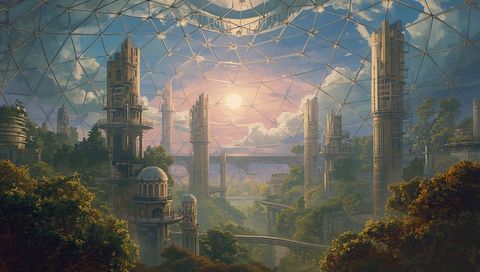 Domed futuristic city with towering cylindrical towers, skyways and monorail at sunset
