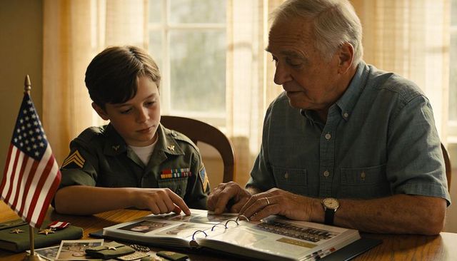Grandfather and grandson sharing military scrapbook with american flag and service medals