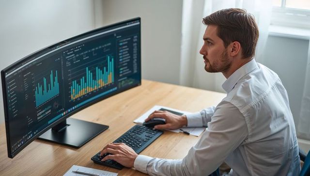 Business analyst reviewing interactive dashboards on ultrawide monitor in home office