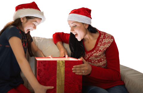 Excited mother and daughter opening christmas gift on transparent background