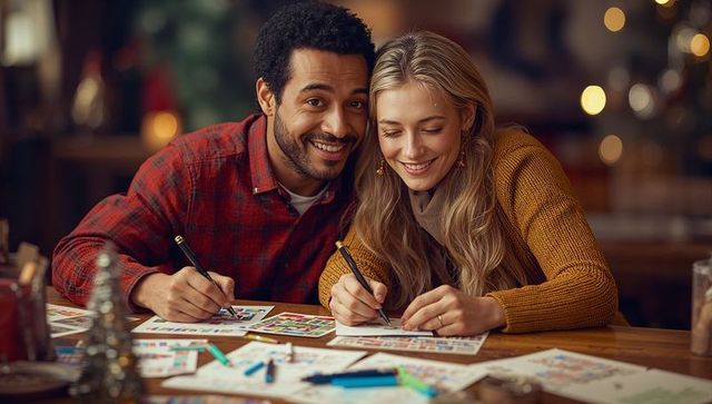 Happy couple creating festive cards together in warm ambiance