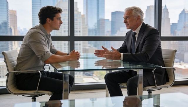 Senior executive mentoring young professional in highrise boardroom business discussion