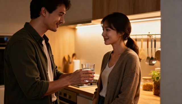 Couple sharing water glass in cozy modern kitchen with warm ambient lighting