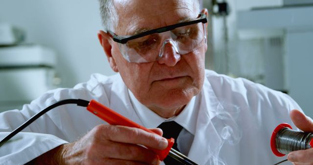 Senior engineer engages in precise soldering of a circuit board in a laboratory setting. Wearing protective goggles, he displays expert technique and focus on technical details. Useful for showcasing expertise in electronics, engineering workspaces, and highlighting senior professional skills in technology fields.