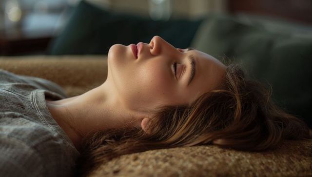 Resting young woman reclining on sofa in cozy living room, serene closed-eyes profile