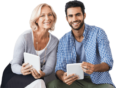 Smiling professionals holding tablets on transparent background