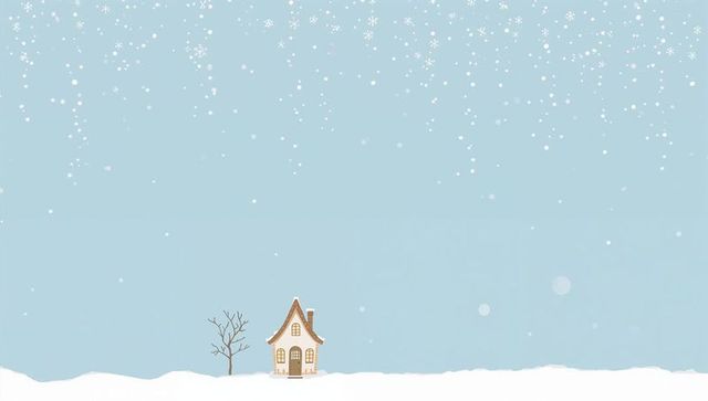 Cozy cottage glowing through falling snow on winter field with bare tree and wide sky