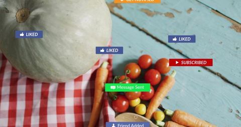 Pale green pumpkin, tomatoes, carrots on weathered turquoise table with social media badges