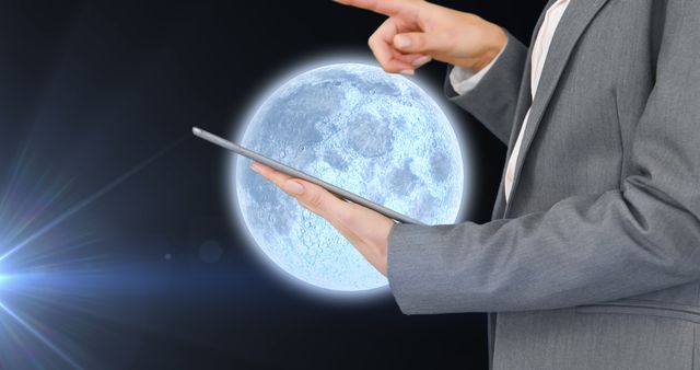 Business individual interacting with tablet while moon glows in background. Represents emerging technologies, futuristic concepts, and space-related business ideas. Ideal for use in articles on technological advancements, space exploration, and professional innovation.