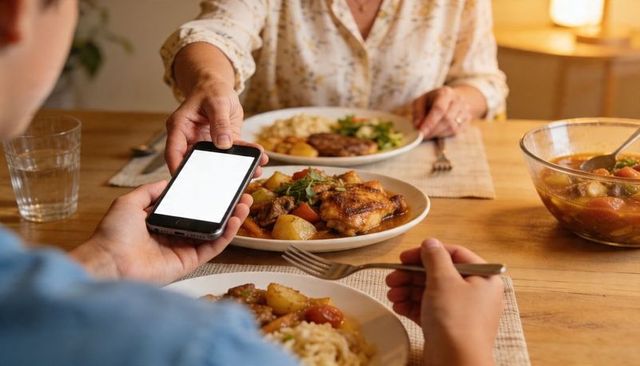 Passing smartphone during cozy family dinner with roasted chicken and warm lighting