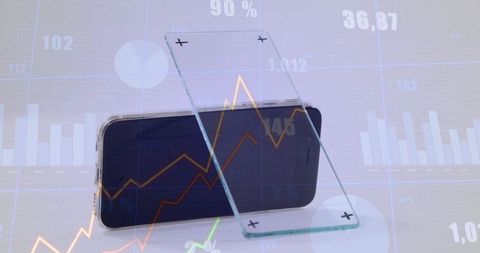 Showing smartphone with tempered glass screen protectors overlaid with financial charts