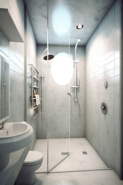 Depicts a sleek, modern bathroom featuring a walk-in shower with glass doors. Includes white tiles, an oval window, a sink, and toilet. Clean design with vertical lighting in a contemporary home interior. Useful for home decor, real estate listings, and renovation inspiration.