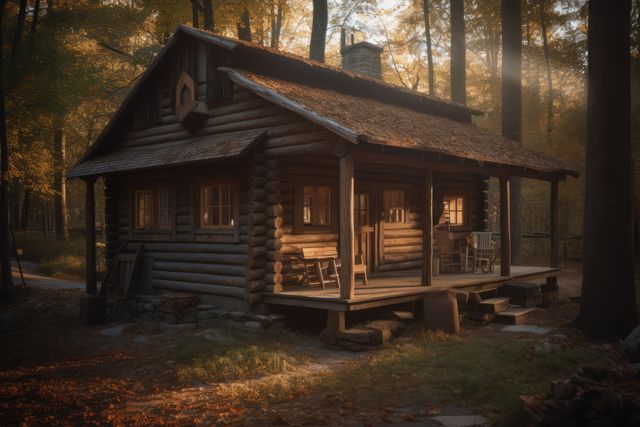 Traditional wooden cabin nestled in a tranquil forest during sunset. Rustic log house surrounded by tall trees and autumn foliage, with warm light creating a cozy atmosphere. Ideal for promoting travel and tourism, forest retreats, nature lovers, wilderness experiences, and rustic lifestyle content.