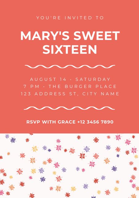 Sweet Sixteen Birthday Invitation with Orange and Floral Background - Download Free Stock Templates Pikwizard.com