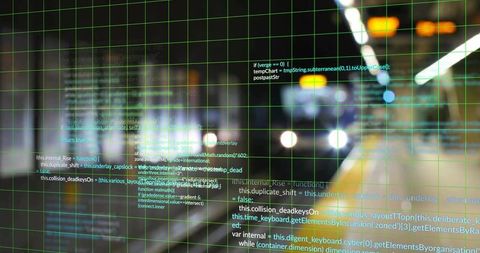 Projecting Holographic Code Grid over Subway Tunnel with Blurred Headlights and Neon Glow