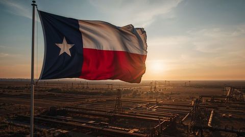 Texas Flag Waving at Oil Facility During Sunset