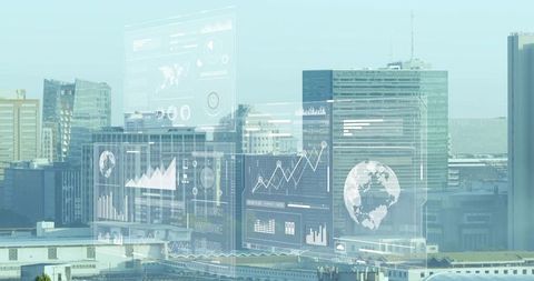 Futuristic holographic data dashboard overlaying urban skyline with analytics and globe