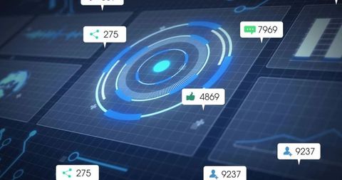 Pulsing HUD dashboard featuring circular analytics interface with social notifications