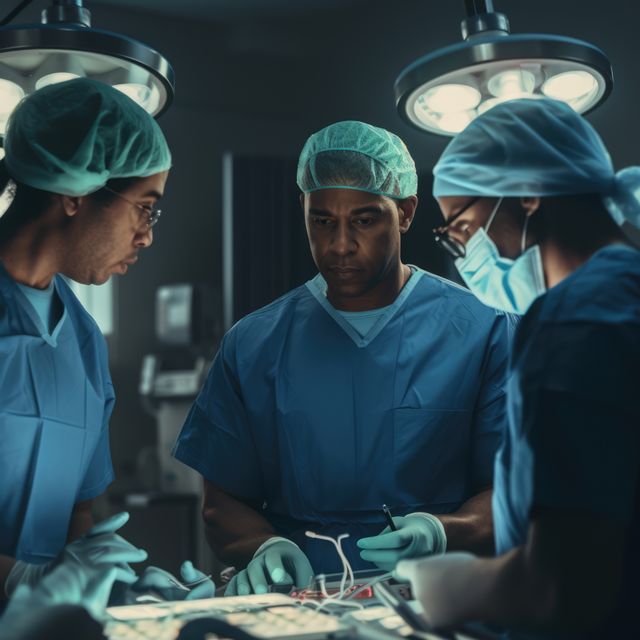 Busy diverse surgeons with face mask and glasses at surgery, created using generative ai technology. Medicine, healthcare, digitally generated image.