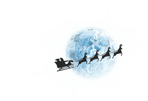 Santa's sleigh and reindeer silhouette on transparent moonlit background