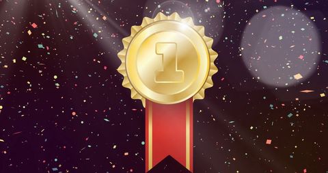 Gold medal with number one and red ribbon amidst falling confetti