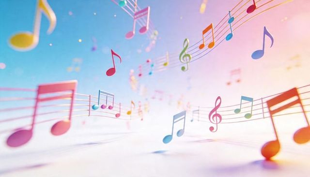 Colorful floating musical notes and curved staves creating pastel melody motion scene
