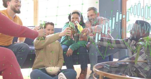 Friends toasting with green beer bottles in cozy knitwear living room with data overlay