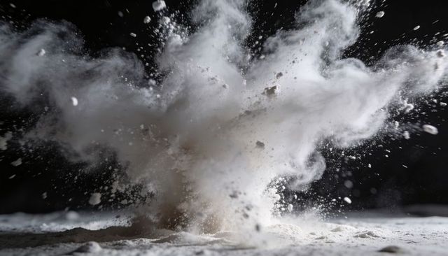 Erupting white powder plume backlit on dark backdrop with dramatic high-contrast dust cloud