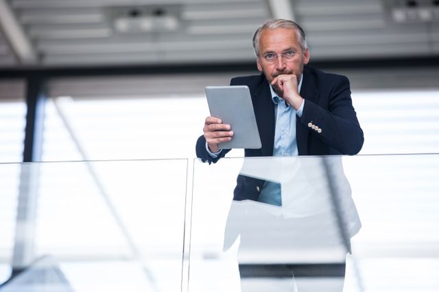 Portrait of a serious businessman standing in office holding a digital tablet 