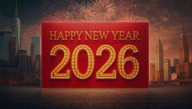 Festive New Year 2026 Marquee Numbers Red Wall Fireworks over Urban Waterfront Skyline