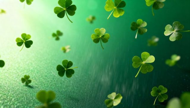 Floating shamrocks above glittering green background with depth and soft bokeh highlights