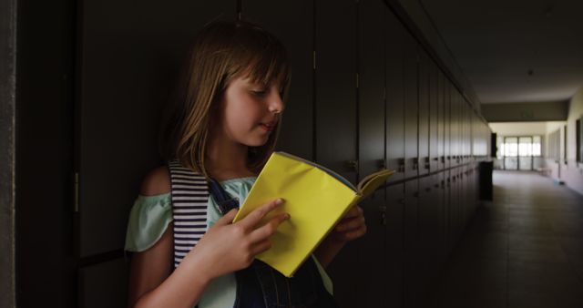 Caucasian Schoolgirl Reading Book in School Corridor - Download Free Stock Images Pikwizard.com