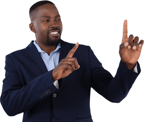 Transparent businessman making finger frame gesture confidently