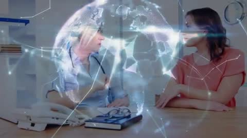 Doctor and Patient Discussing with Holographic Globe Overlay