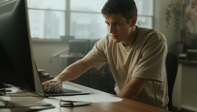 Young man cleaning laptop keyboard at office desk during workday, focused and productive