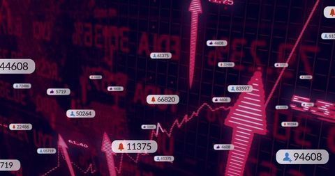 Digital stock market with red arrows and analytics icons