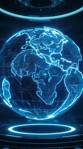 Powering up energy ring activating holographic globe rotating in futuristic scanning chamber