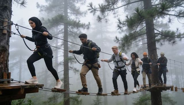 Woman in hijab leading group across suspended rope bridge in foggy pine forest adventure