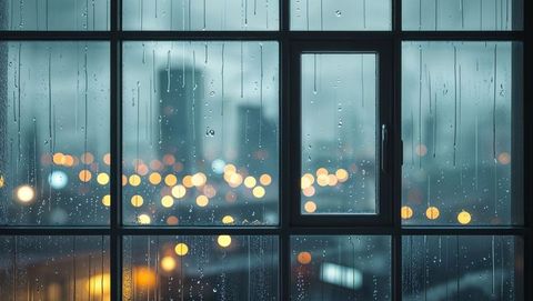 Raindrops on Window Pane Overlooking Cityscape at Dusk