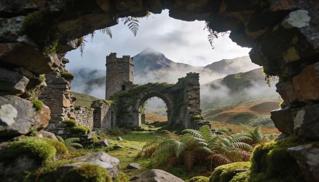 Moss-covered castle ruins framing arched gateway and tower in misty mountain valley