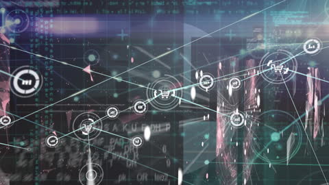 Abstract animation displays interconnected technology icons and graphs with a digital narration. Represents streaming data, futuristic interfaces, and global communication concepts. Great for illustrating digital transformation, analytical presentations, or tech innovations. Ideal for use in technology blogs, data-driven articles, or digital media graphics.