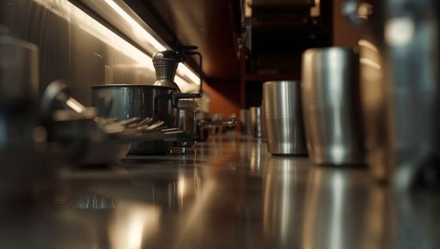 Gleaming stainless kitchen prep line reflecting tumblers, cookware, utensils and warm lighting