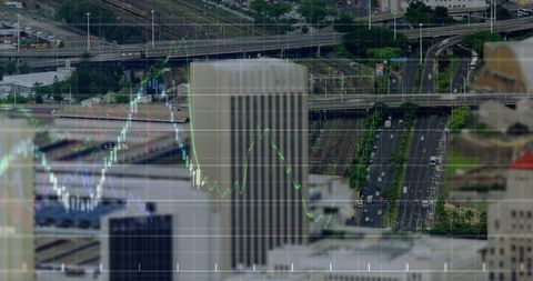 Financial Graphs Overlay Urban Cityscape Economy Analysis
