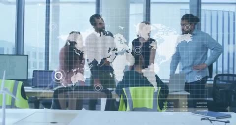 Business Team Collaborating on Global Data Analysis with Digital Map
