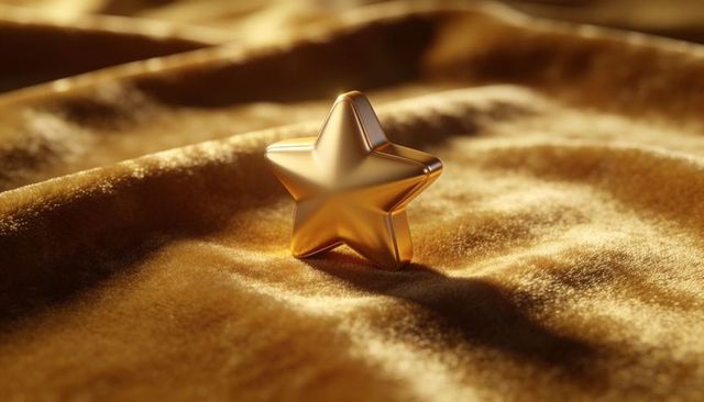Glinting polished gold star resting on plush velvet fabric for luxury branding