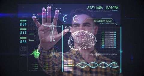 Man analyzing medical data on interactive screen in virtual reality