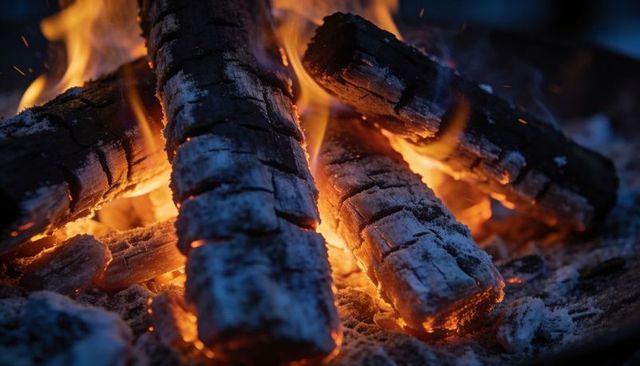 Smoldering charred logs emitting glowing embers and warm orange flames closeup firepit